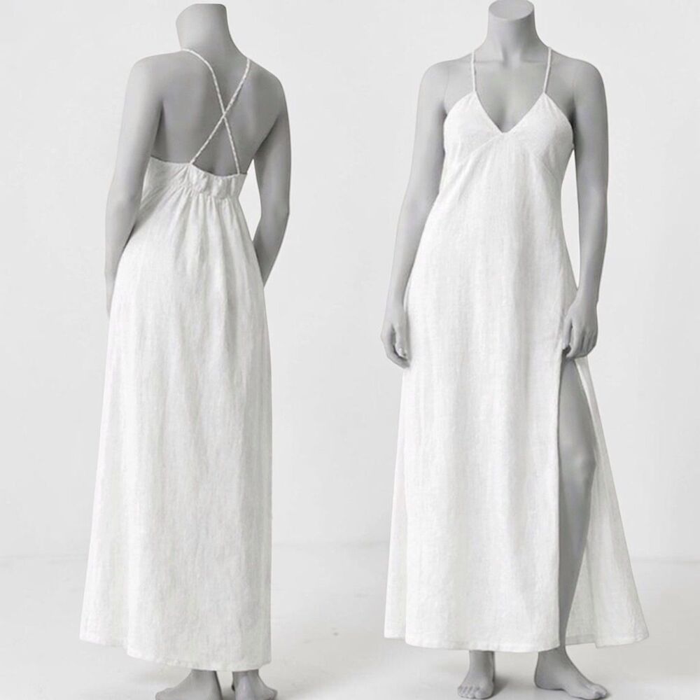 J Crew Cross Back Beach Dress White Linen Cotton Size Large BX641 Summer Bridal